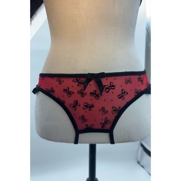 Red & Black Sheer Lingerie Set – Size Large – Crotchless – Bow Print – Ruffle Tr - Picture 10 of 12